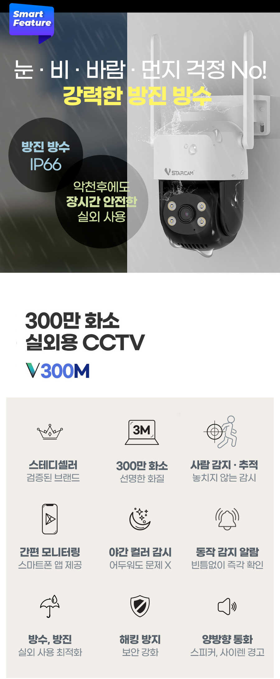 브이스타캠 300만화소 사람 추적 실외용 가정용 홈 CCTV 무선 IP카메라 V300M 방진 방수 야간컬러